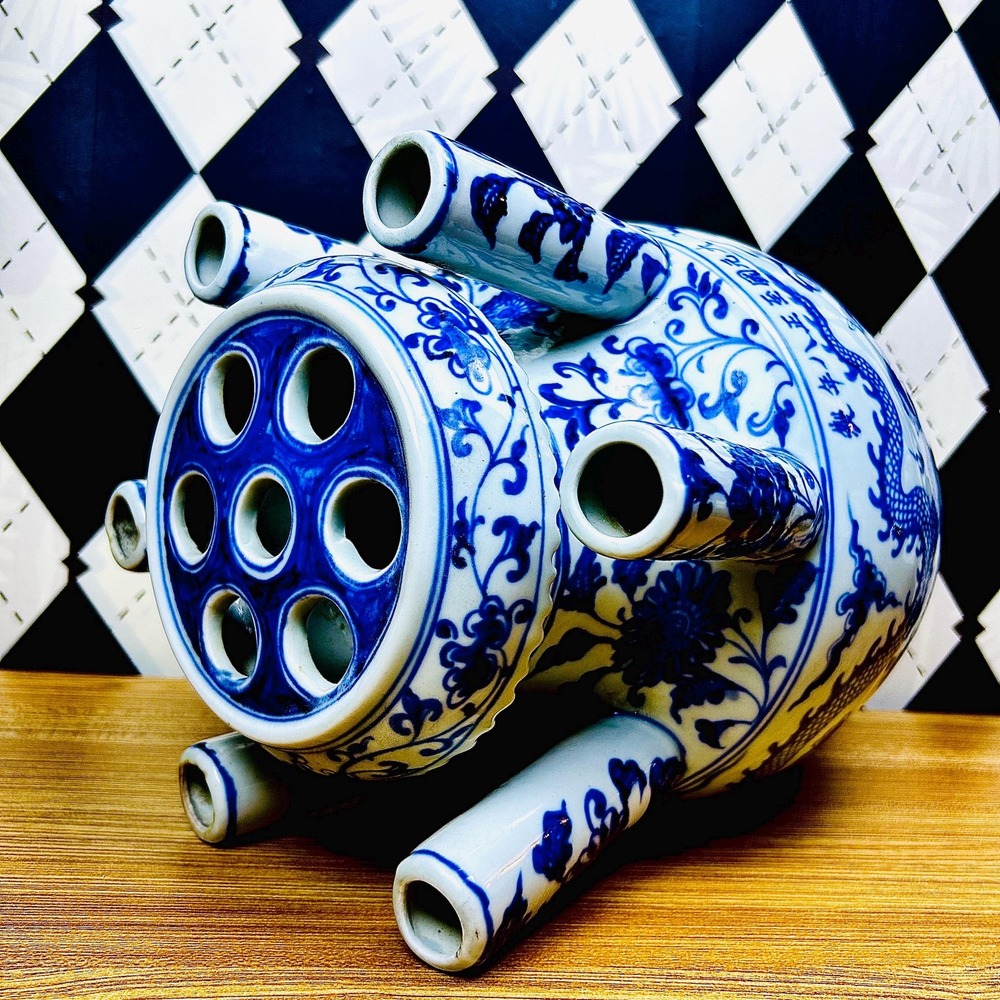 Grand Tulipière 15" Blue & White Chinoiserie Dragon Vase Porcelain Multi-Spout - Picture 4 of 17